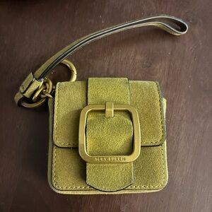 Tory Burch Sawyer mini bag key fob in suede with an oversized buckle and wristle